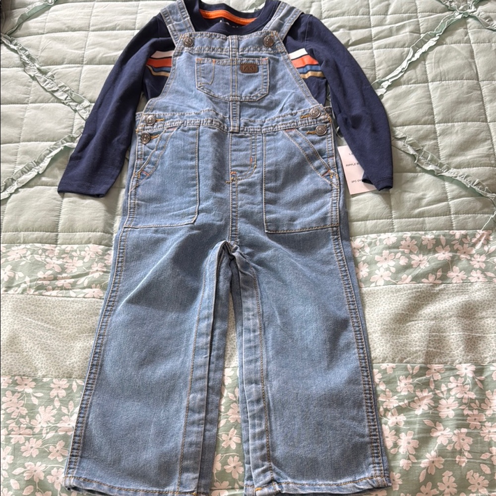 Lee Blue Denim Overall Set With Long Sleeve Shirt 24M